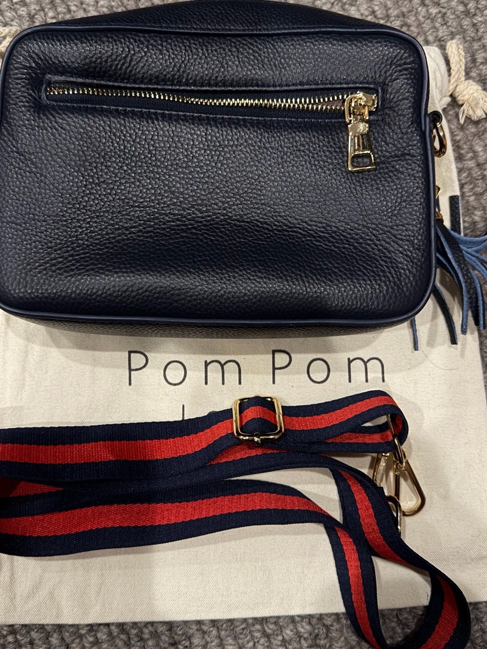 Pom Pom London Navy Pebbled Crossbody Bag with Navy & Red Stripe Strap